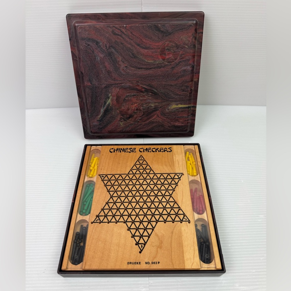 Drueke Chinese Checkers Wooden Board Game Plastic Pegs &Box #563 P Made In USA